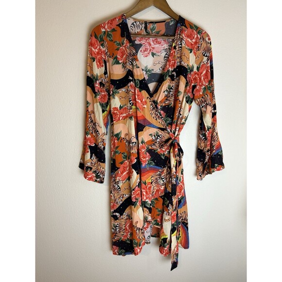 Lucy In The Sky M Mini Dress Wrap Tiger Rainbow Resort Short Beach Flare - Picture 1 of 7